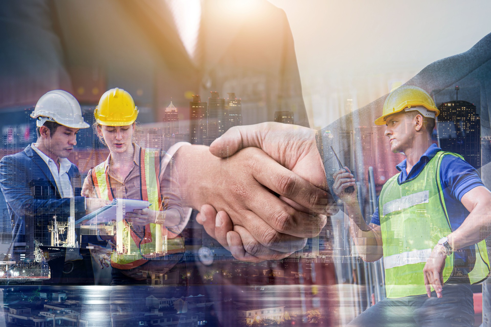 Double exposure of businessman and engineer wearing a hardhat standing cargo at the container yard and greeting each other with handshake on cargo freight ship for import and export. Teamwork concept